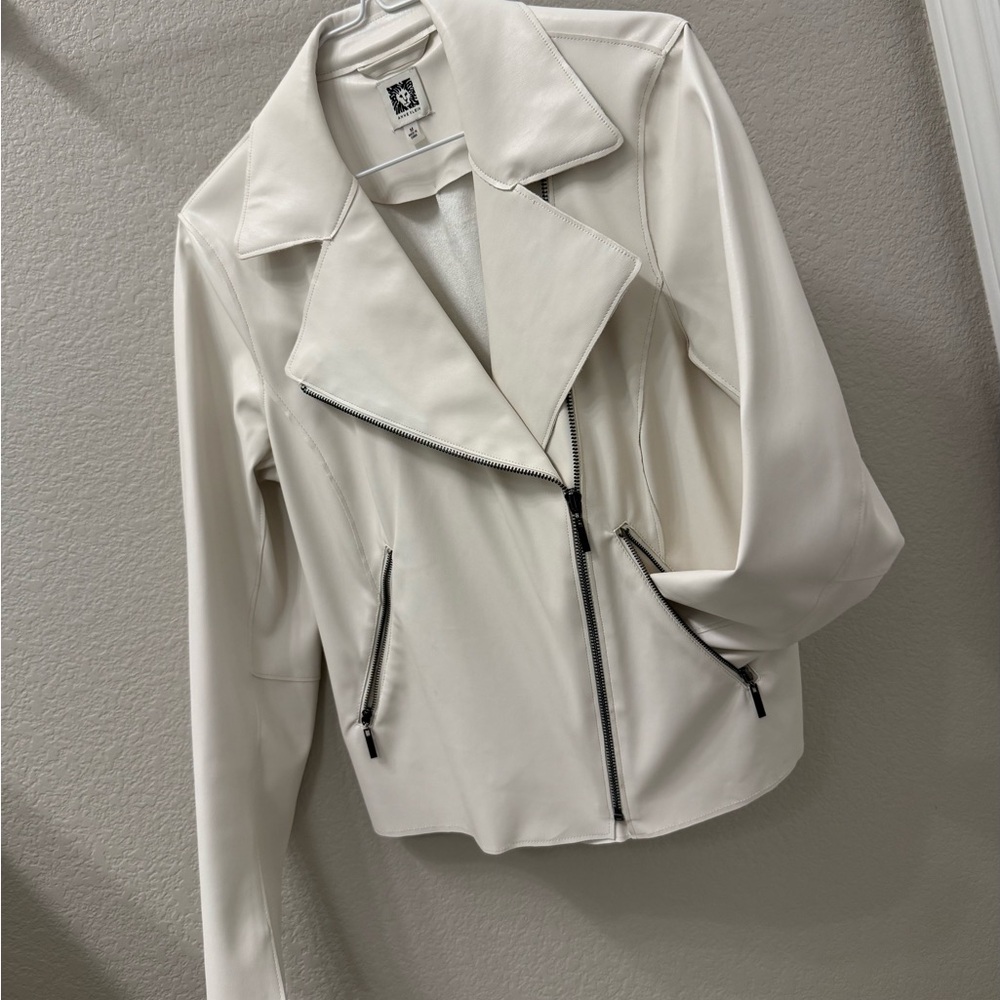 Anne Klein Cream Faux Leather Jacket with Zipper Accents